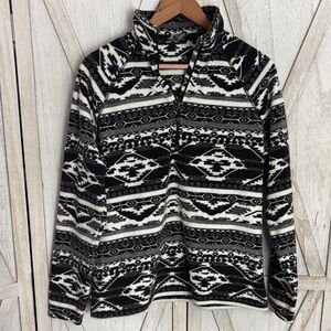 Black and White Patterned Fleece Pullover Quarter Zip Large